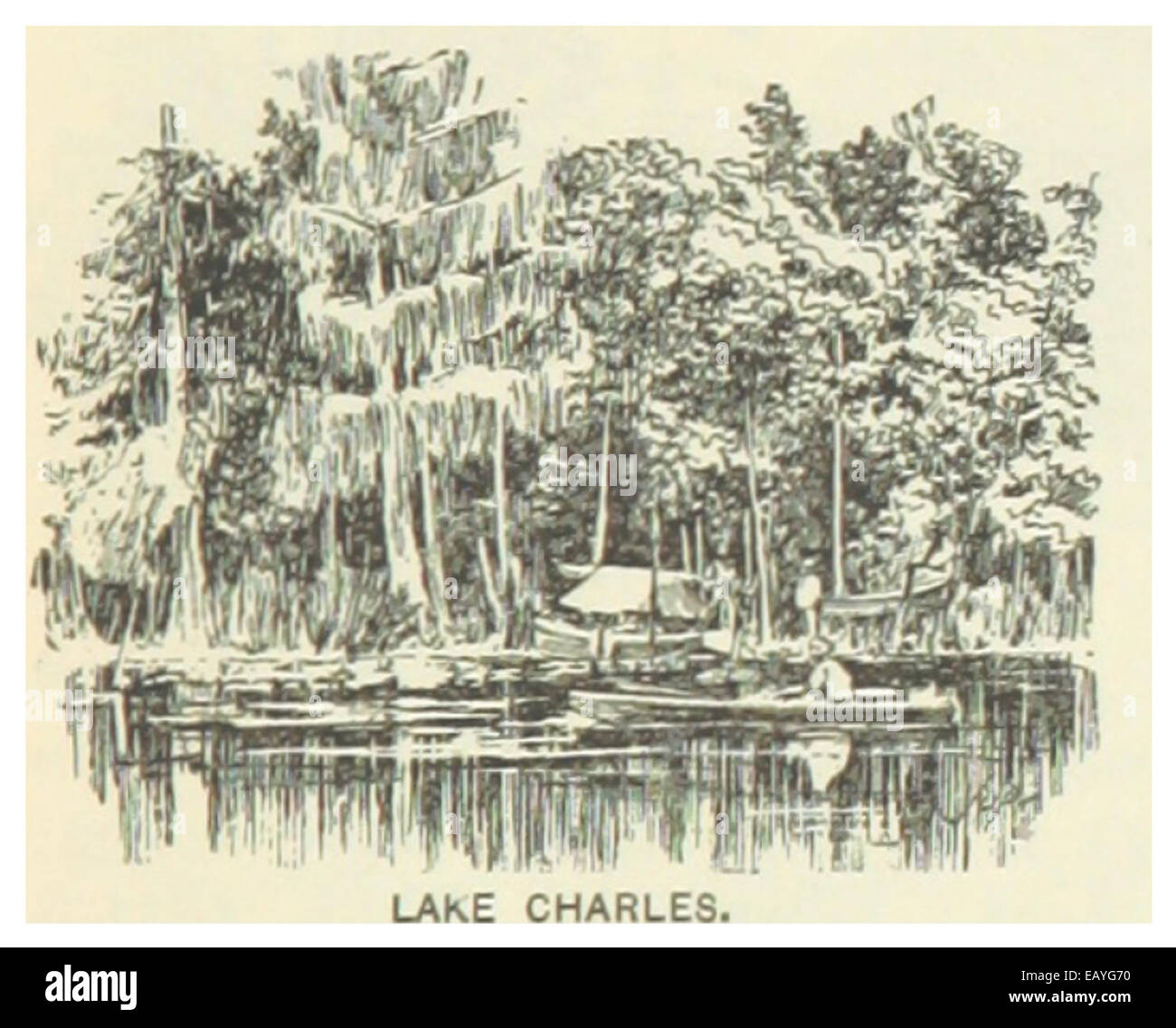 Eine 1891 gezeigte Abbildung des Lake Charles, Louisiana, zeigt die Wasserlandschaft der Region und die umliegende Geographie während des späten 19. Jahrhunderts. Stockfoto