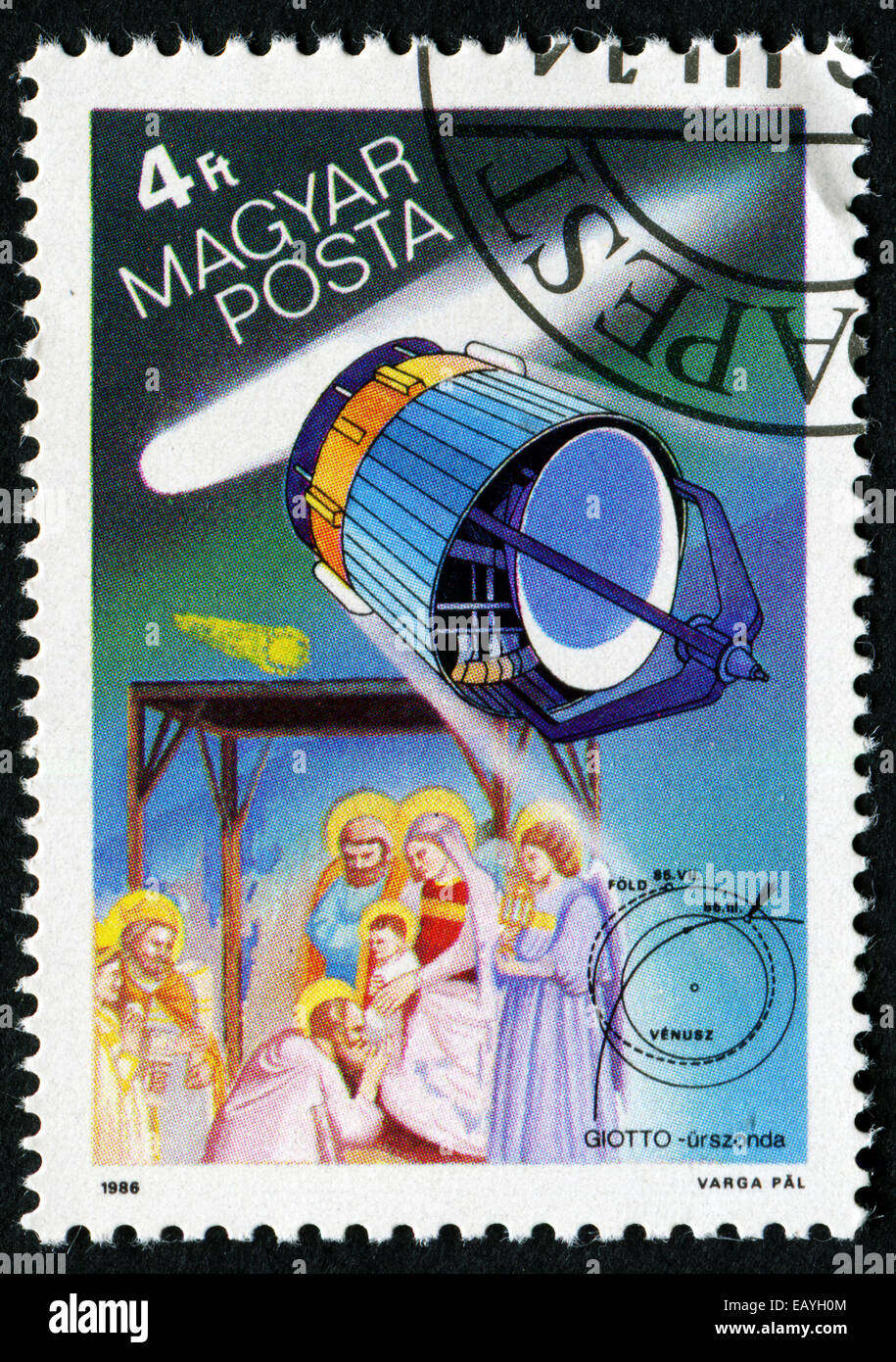 Ungarn - CIRCA 1986: Briefmarke gedruckt von Ungarn, zeigt Halleyschen Kometen, European Space Agency Giotto, die drei Könige, Wandteppich von Stockfoto