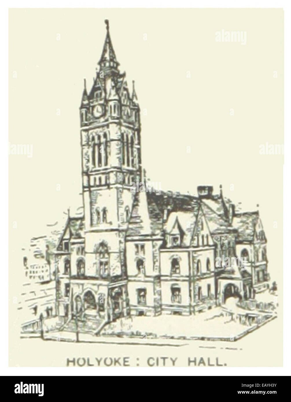 Eine 1891 gezeigte Illustration des Rathauses von Holyoke in Massachusetts, die das Design des Gebäudes und seine Rolle als zentrales Wahrzeichen der Stadt veranschaulicht. Die Zeichnung hebt den architektonischen Stil und die städtische Entwicklung der Zeit hervor. Stockfoto
