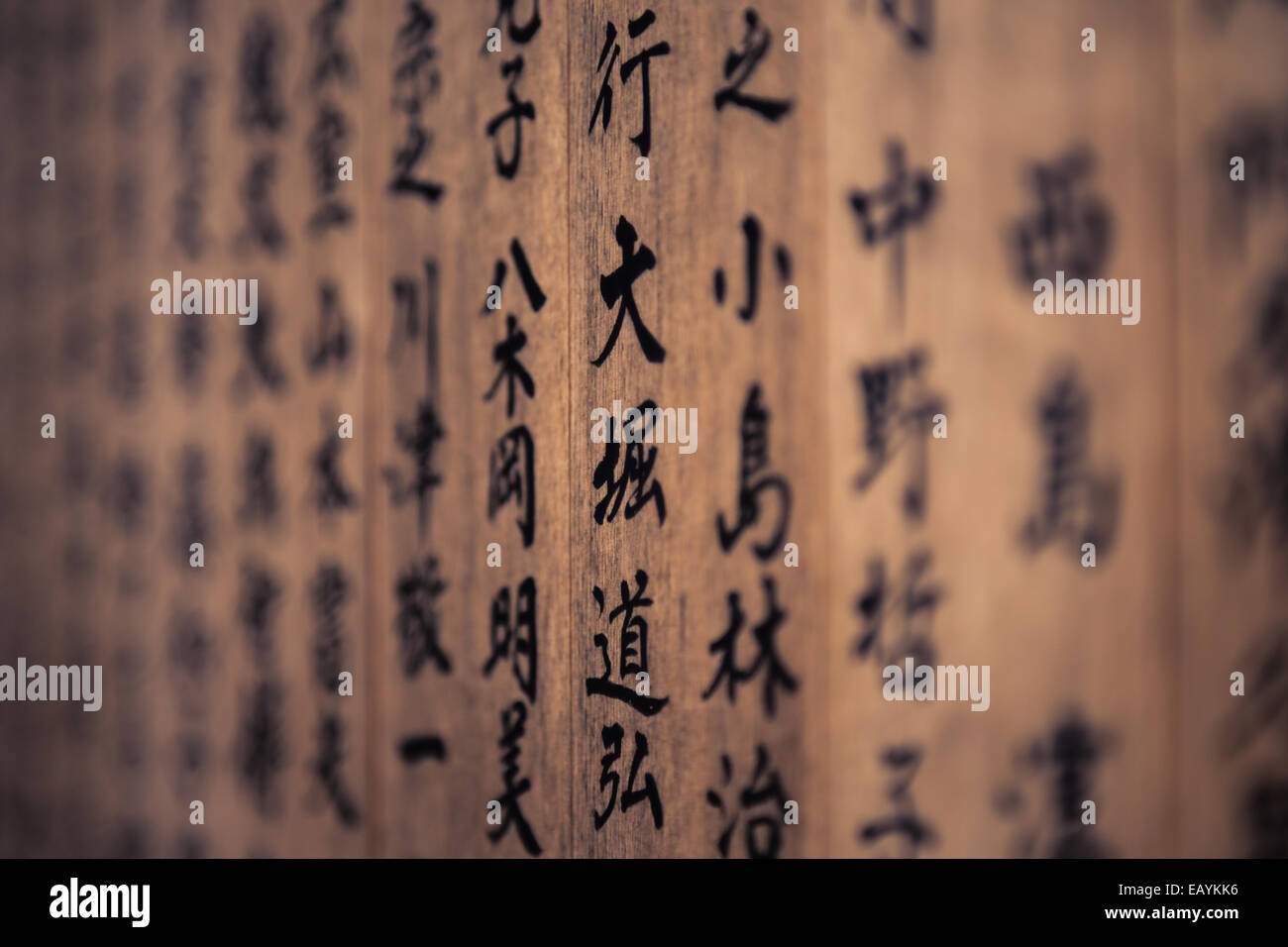 Japanische Kalligraphie auf dem Display an einem Shinto-Schrein befindet sich in Nikkō, Tochigi Präfektur, Japan Stockfoto