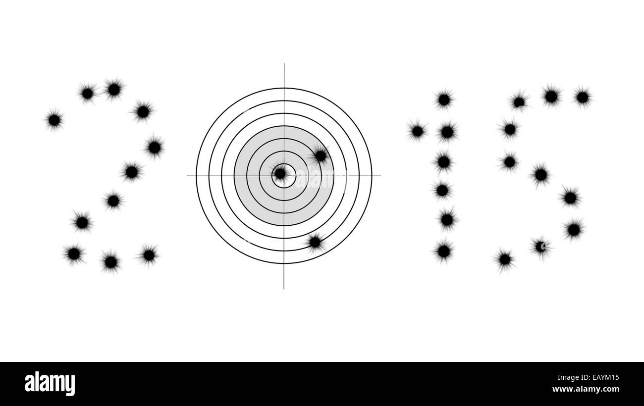 Einschusslöcher und Ziel in Form von 2015 isoliert auf weiss Stockfoto