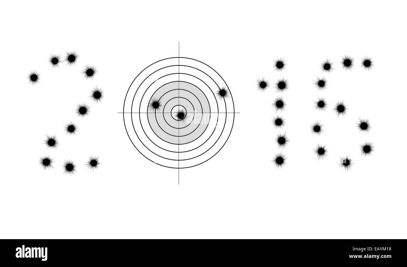 Einschusslöcher und Ziel in Form von 2016 isoliert auf weiss Stockfoto