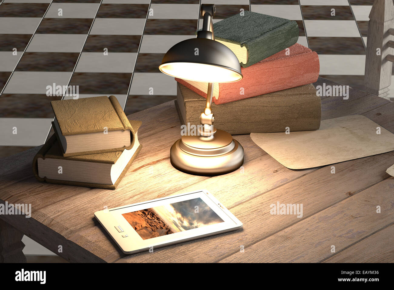 3D-Rendering ein altes Buch und ein Tablet auf einem rustikalen Raum Stockfoto