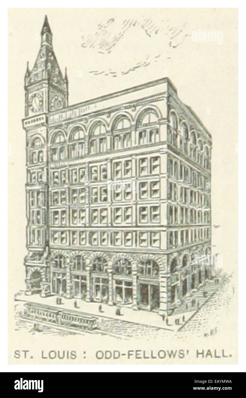 Diese Abbildung aus dem Jahr 1891 zeigt die Odd-Fellows' Hall in St. Louis, Missouri. Die Zeichnung hebt die architektonischen Merkmale des Gebäudes und seine Rolle in der lokalen Gemeinde während des späten 19. Jahrhunderts hervor. Stockfoto