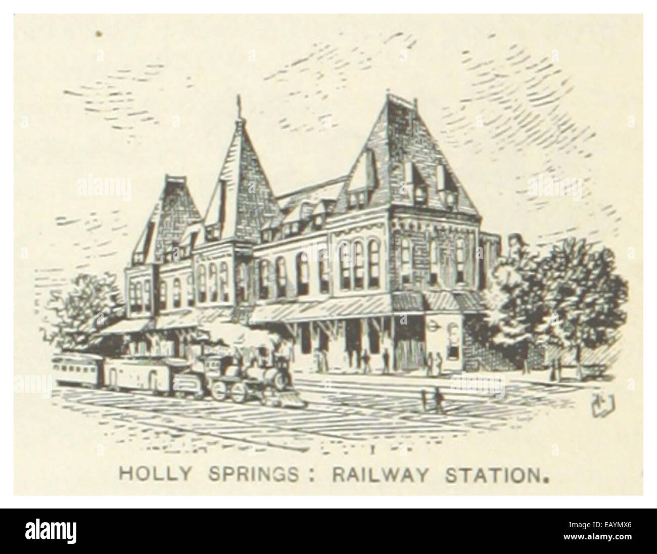 Diese 1891 abgebildete Abbildung zeigt den Bahnhof in Holly Springs, Mississippi, und hebt seine Rolle für den Transport und die Entwicklung der Stadt während des späten 19. Jahrhunderts hervor. Stockfoto