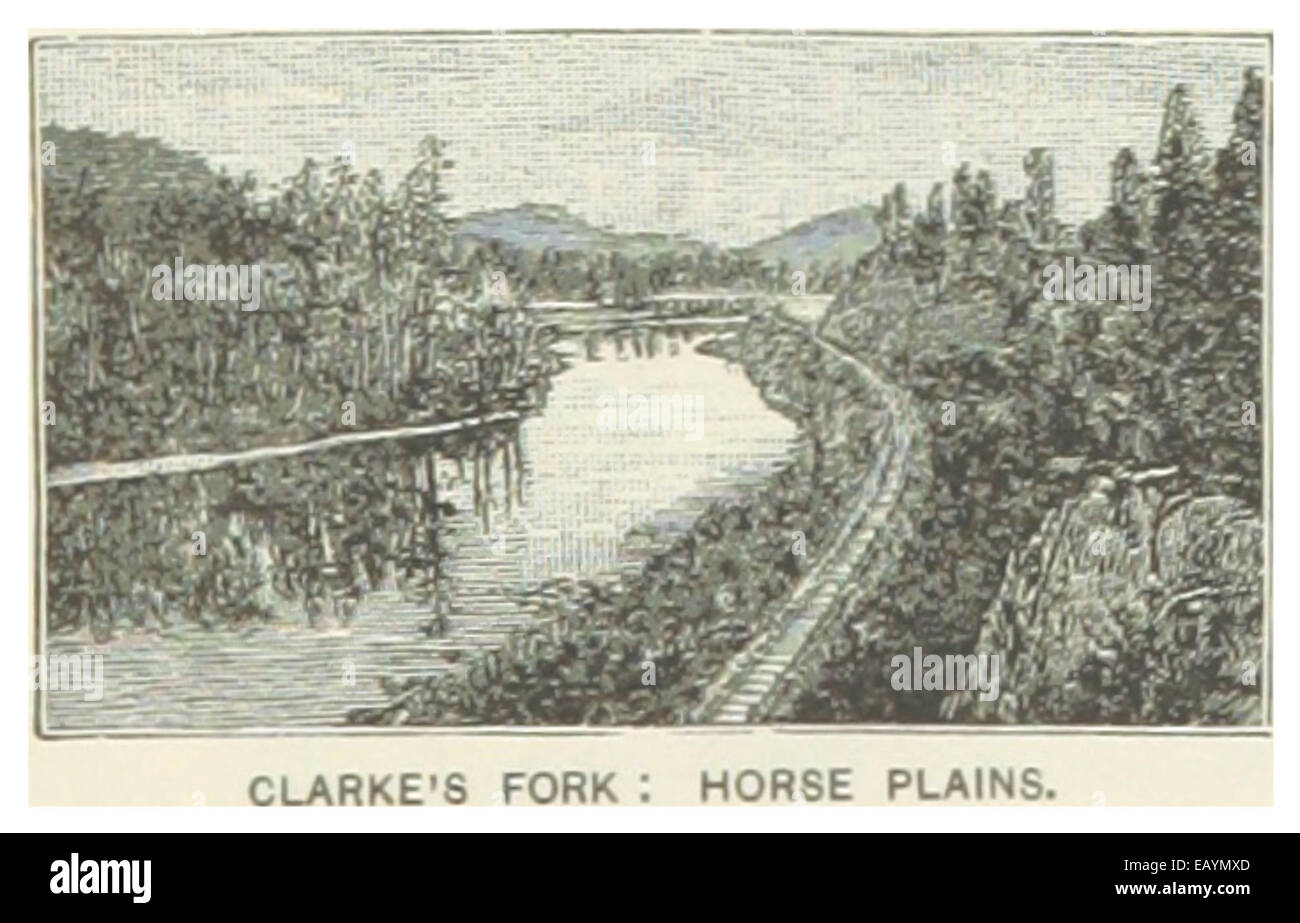 Diese 1891 abgebildete Abbildung zeigt Clarke's Fork and Horse Plains in Montana und zeigt die natürliche Landschaft und die ländliche Geographie der Region während des späten 19. Jahrhunderts. Stockfoto
