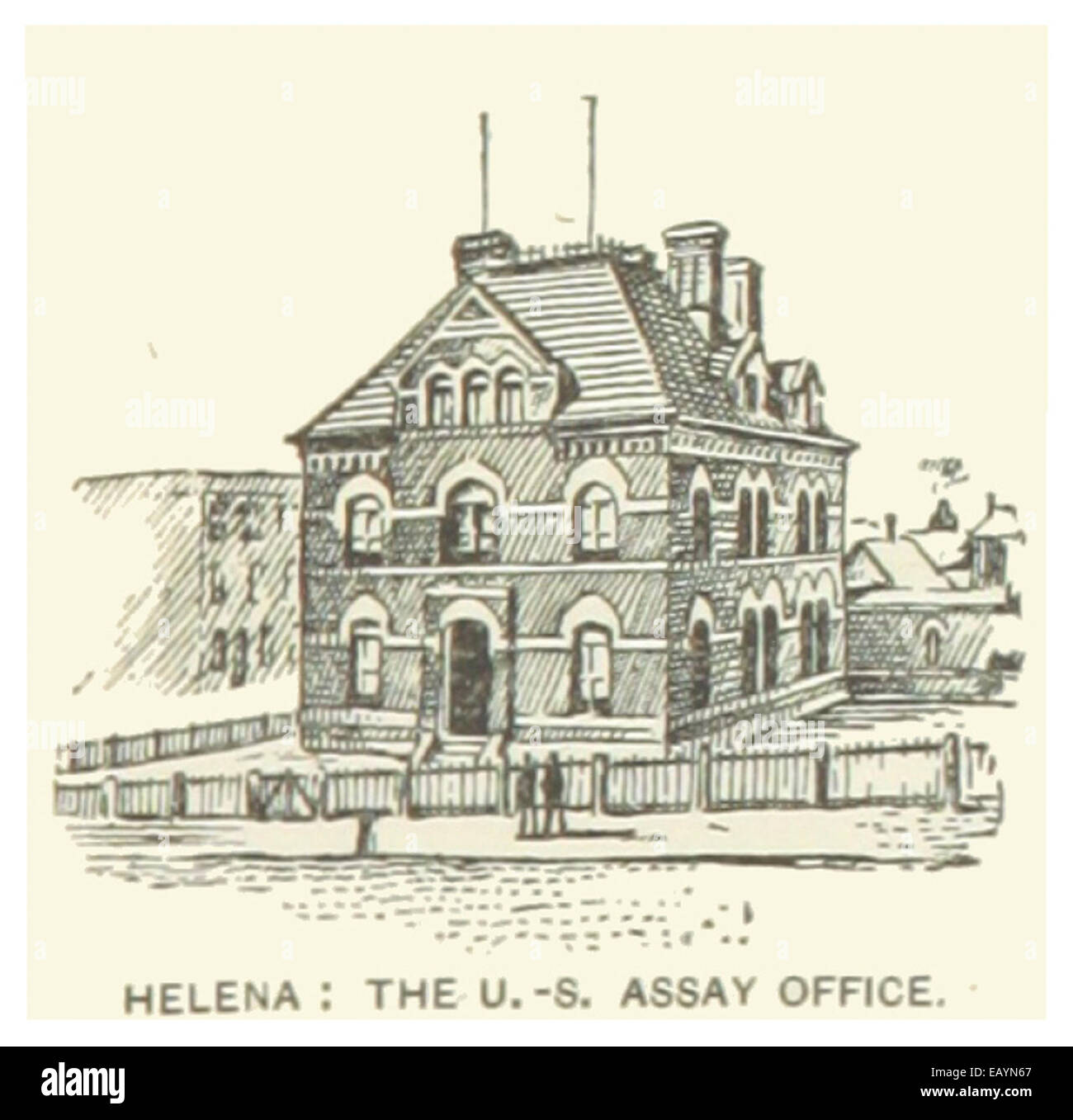 Diese Illustration aus dem Jahr 1891 zeigt das US Assay Office in Helena, Montana, und hebt das Design des Gebäudes und seine Rolle in der Gold- und Edelmetallindustrie während des späten 19. Jahrhunderts hervor. Stockfoto