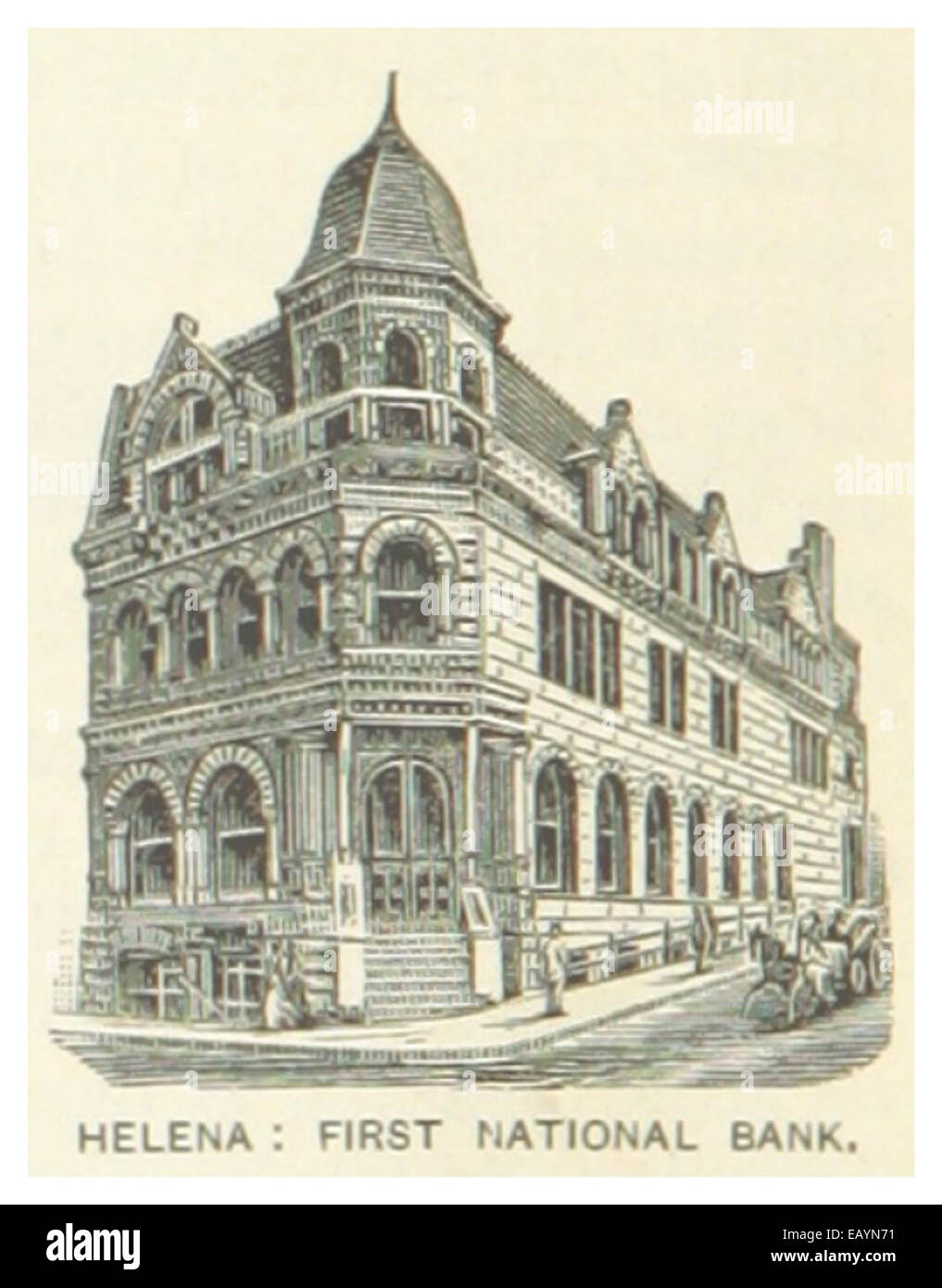 Diese Illustration aus dem Jahr 1891 zeigt die First National Bank in Helena, Montana, ein wichtiges Finanzinstitut im späten 19. Jahrhundert im amerikanischen Westen. Stockfoto