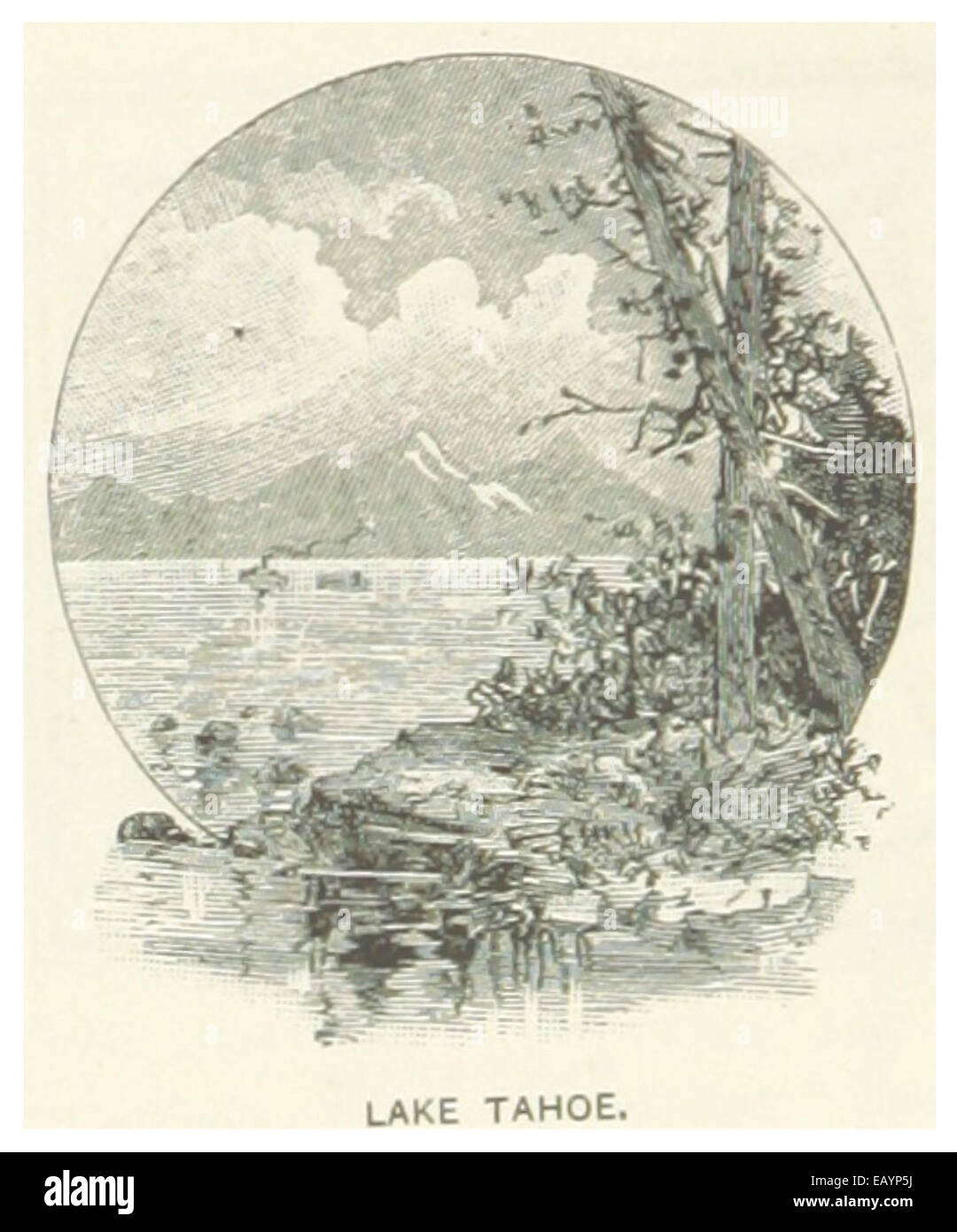 Eine Illustration von Lake Tahoe aus dem Jahr 1891, einem großen, klaren See an der Grenze zwischen Kalifornien und Nevada. Das Bild zeigt seine ruhige Landschaft und spiegelt die natürliche Schönheit der Region wider, die seit langem Touristen und Outdoor-Enthusiasten anzieht. Stockfoto