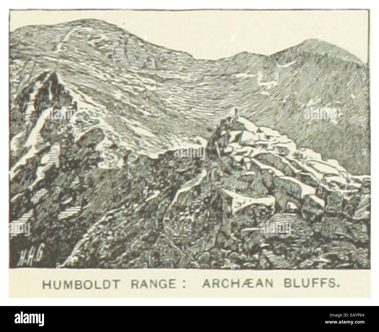 Die Karte von US-NV aus dem Jahr 1891 zeigt die Humboldt Range und die Archaen Bluffs und zeigt die geografischen und geologischen Besonderheiten dieses Gebiets in Nevada. Stockfoto