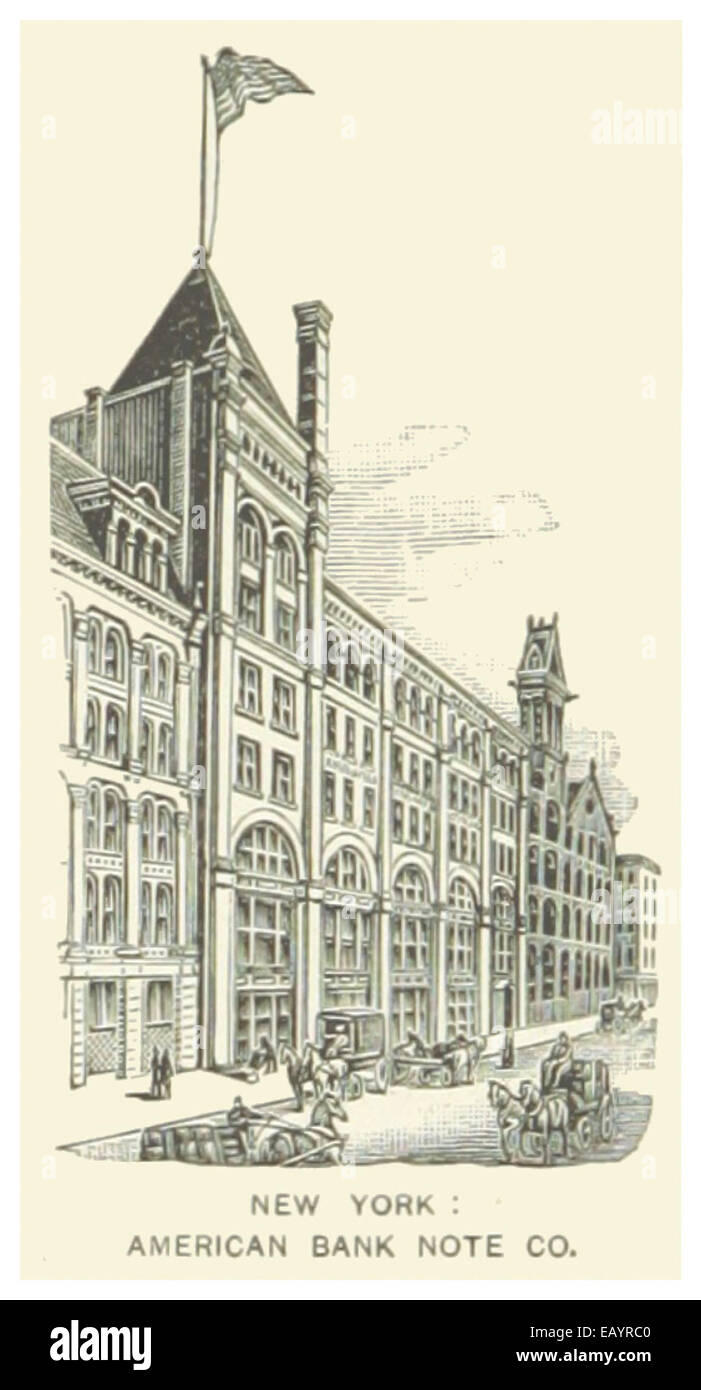 Die 1891 gezeigte Abbildung zeigt die American Bank Note Company in New York City, eine Schlüsselrolle in der Produktion von Währungs- und Wertpapierdruckerei in den Vereinigten Staaten während des späten 19. Jahrhunderts. Stockfoto