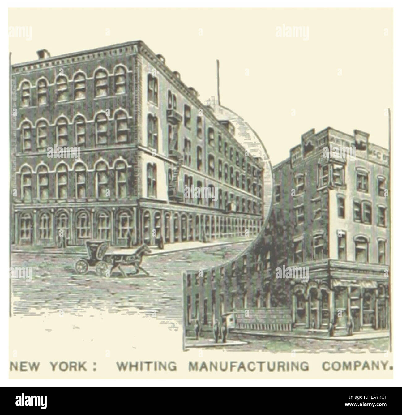 Die Whiting Manufacturing Company, gegründet 1866 von William Dean Whiting, war ein bekannter amerikanischer Silberschmied, der für außergewöhnliches handgefertigtes Silbergut bekannt war. Ursprünglich in North Attleboro, Massachusetts, ansässig, zog das Unternehmen nach einem Brand im Jahr 1875 nach New York City. 1924 wurde Whiting von Gorham übernommen und 1926 eingestellt. Stockfoto