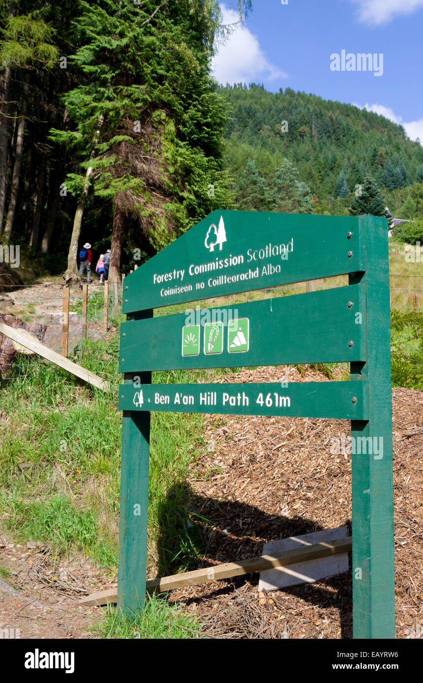 Forstwirtschaft-Kommission-Zeichen für Ben a Hill Wanderweg, Trossachs, Stirlingshire, Schottland, Großbritannien Stockfoto