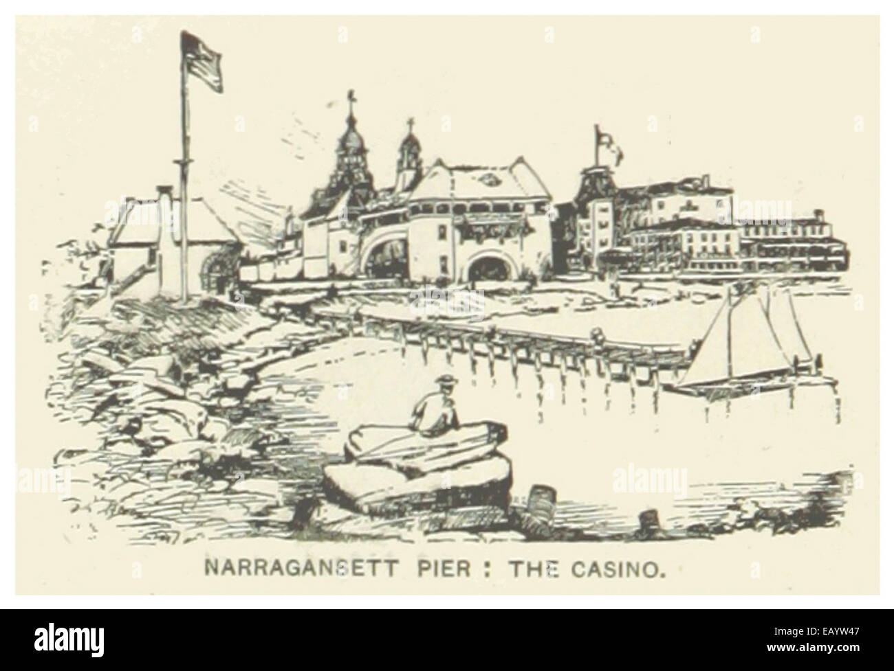 Eine Illustration von Narragansett Pier aus dem Jahr 1891 auf Rhode Island, die diesen beliebten Badeort zeigt, der für seine malerische Aussicht und seine Bedeutung als Touristenziel im späten 19. Jahrhundert bekannt ist. Stockfoto