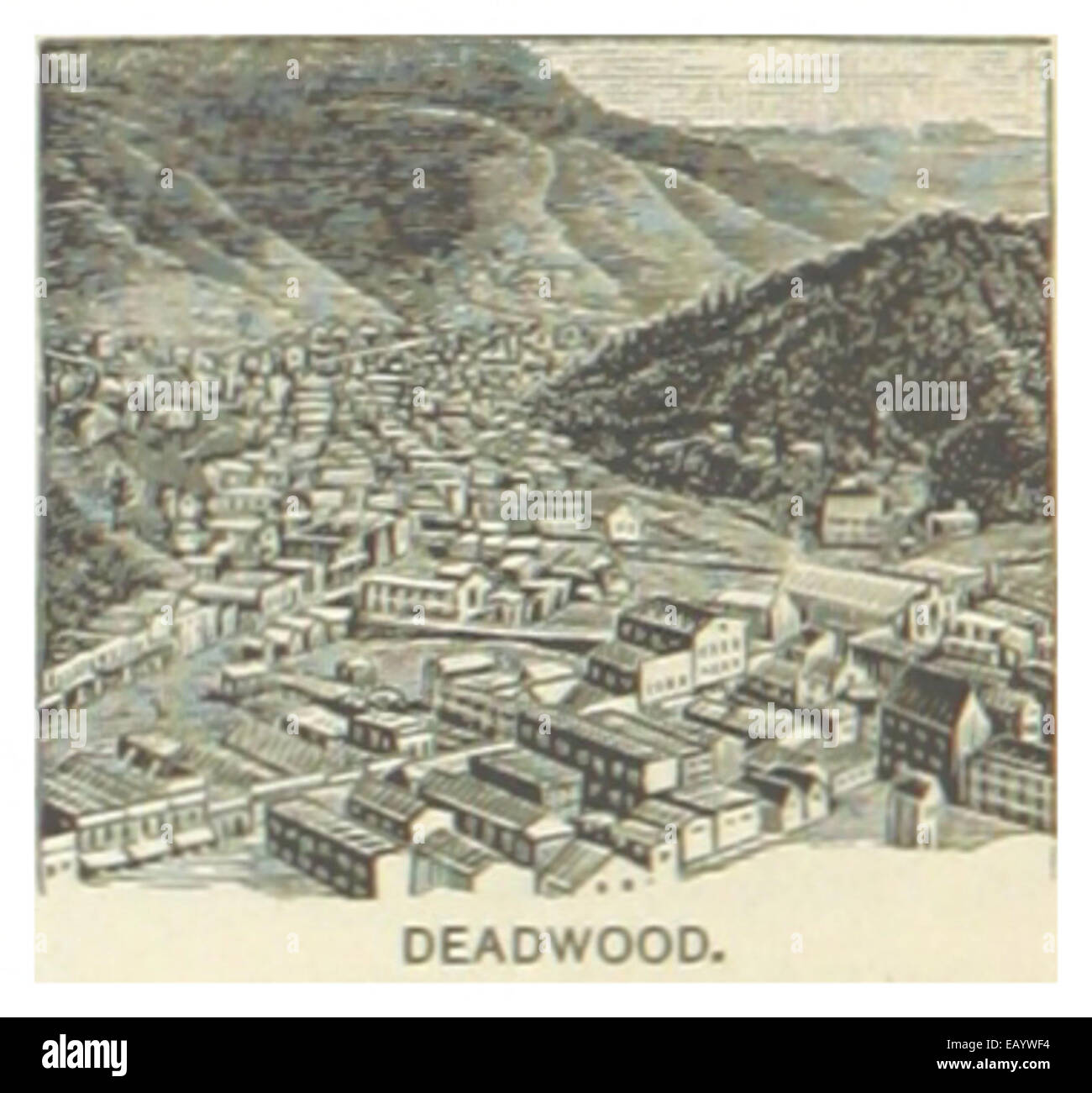 Dieser Beitrag aus dem Jahr 1891 zeigt Deadwood, South Dakota, eine berühmte Stadt im amerikanischen Alten Westen, die für ihre Rolle im Goldrausch und berüchtigte Figuren wie Wild Bill Hickok und Calamity Jane bekannt ist. Stockfoto