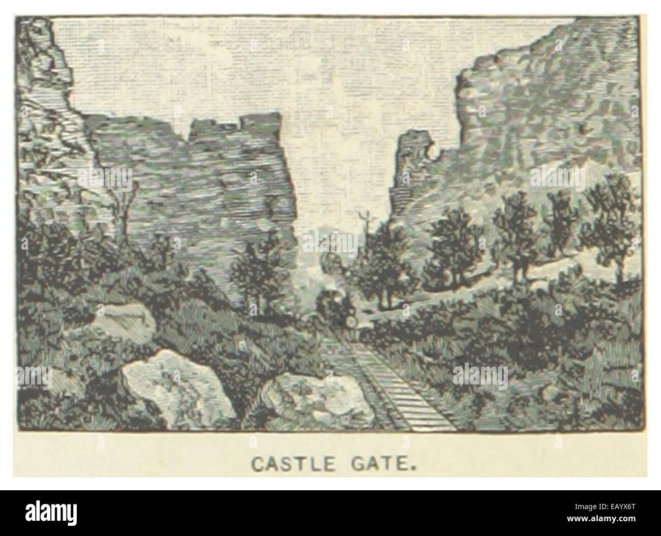 Seite 834 aus der Veröffentlichung von Utah von 1891 zeigt Castle Gate, ein bekanntes Wahrzeichen in der Nähe von Helper, Utah, das für seine markanten Felsformationen und seine Bedeutung in der Landschaft von Utah bekannt ist. Stockfoto
