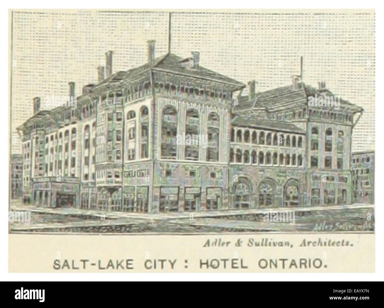 Eine Karte aus dem Jahr 1891 zeigt die Lage des Hotels Ontario in Salt Lake City, Utah, und zeigt seine Lage im Stadtbild der Stadt während des späten 19. Jahrhunderts. Stockfoto