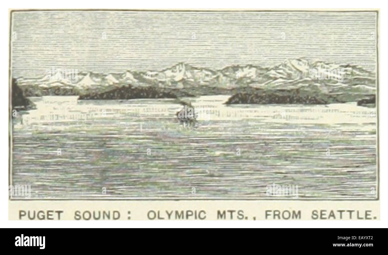 Eine Illustration aus dem Jahr 1891, die den Blick auf den Mount Olympic von Seattle aus zeigt, mit Puget Sound im Vordergrund. Dieses Kunstwerk fängt die natürliche Schönheit des pazifischen Nordwestens ein und hebt die Berglandschaft und die Küstengewässer hervor. Stockfoto