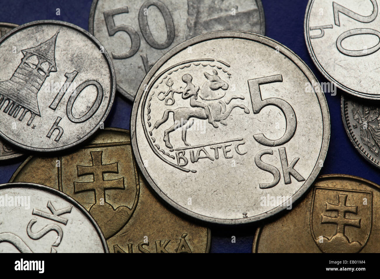 Münzen der Slowakei. Keltische Münze Biatec aus dem 1. Jahrhundert v. Chr. dargestellt auf der slowakischen fünf Kronen Münze. Stockfoto