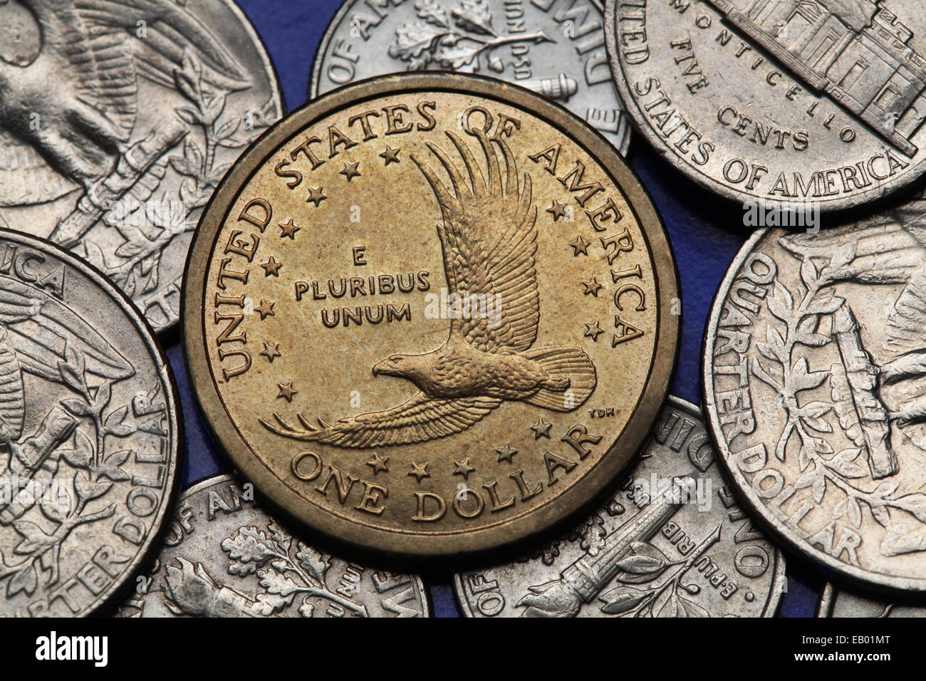 Münzen der USA. Weißkopf-Seeadler (Haliaeetus Leucocephalus) dargestellt, auf dem uns Sacagawea Dollar. Stockfoto