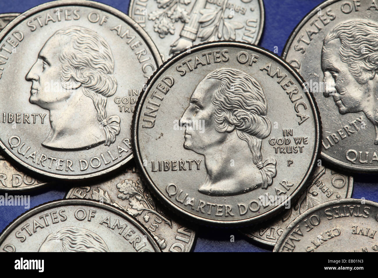 Münzen der USA. George Washington auf der US-Quarter-Münze abgebildet. Stockfoto