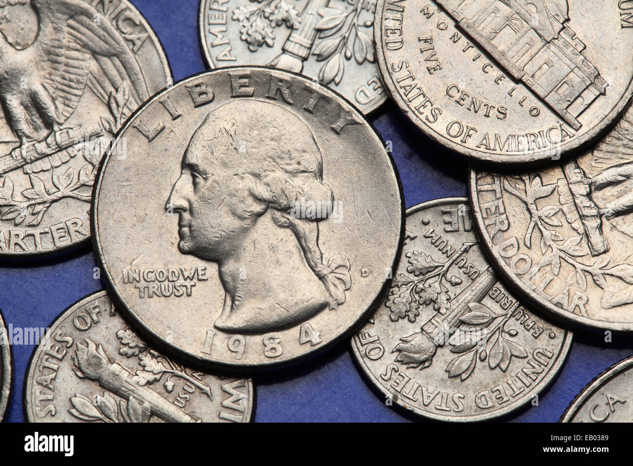 Münzen der USA. George Washington auf der US-Quarter-Münze abgebildet. Stockfoto