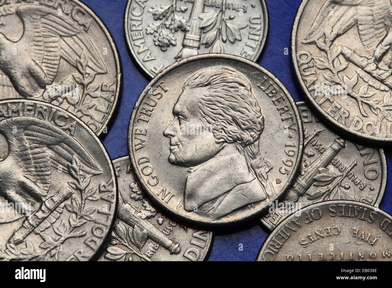 Münzen der USA. Thomas Jefferson auf die US-Nickel-Münze abgebildet. Stockfoto