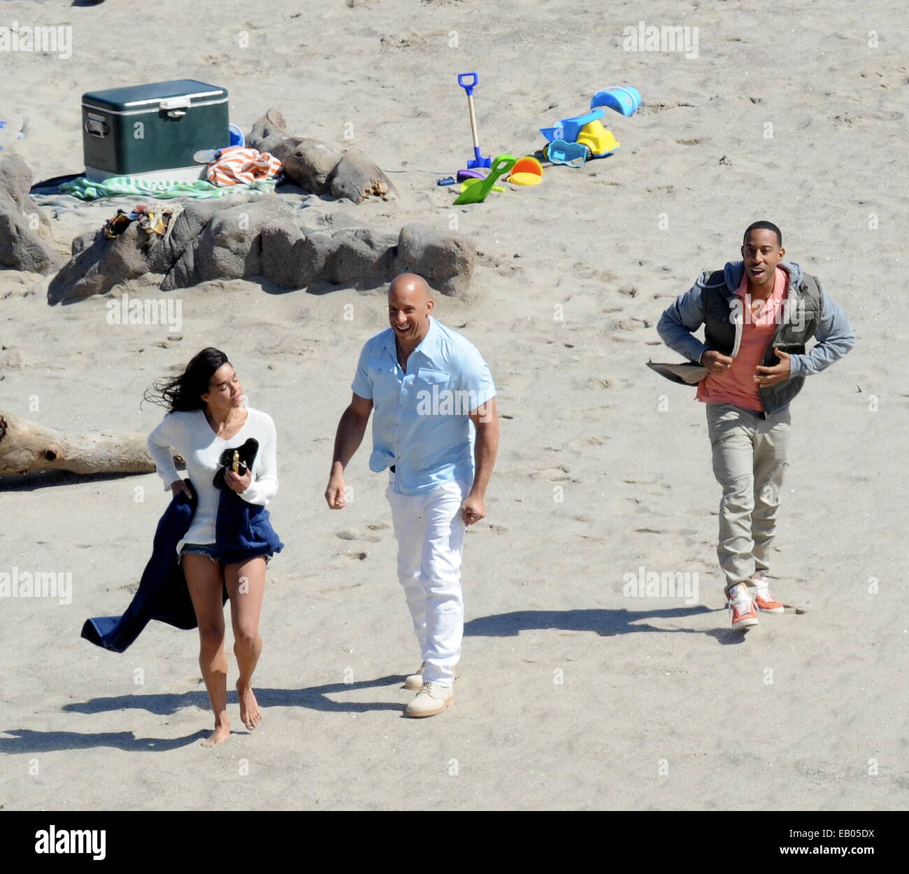 Vin Diesel Dreharbeiten letzte Szenen für "Fast and Furious 7" in Malib Ca. mit co-Sterne Tyrese Gibson, herumalbern mit dem Schauspieler am Set gesehen wurde. Ludacris, Michelle Rodriguez und Jordana Brewster guter Freund wurde auch die Teilnahme für die Szene. Paul Stockfoto