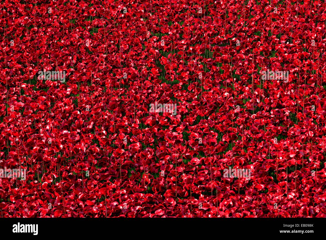 Keramische rote Mohnblumen auf den Tower Of London, zum Gedenken an ersten Weltkrieg Soldaten, die Stockfoto