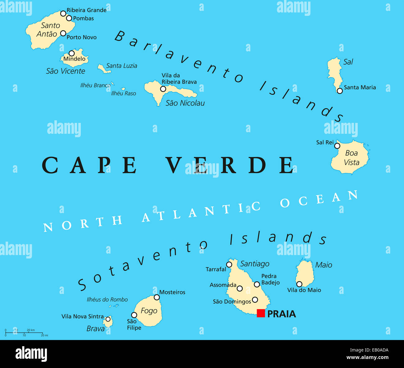Politische Landkarte Kap Verde mit der Hauptstadt Praia und wichtige Städte. Englische Beschriftung und Skalierung. Abbildung. Stockfoto