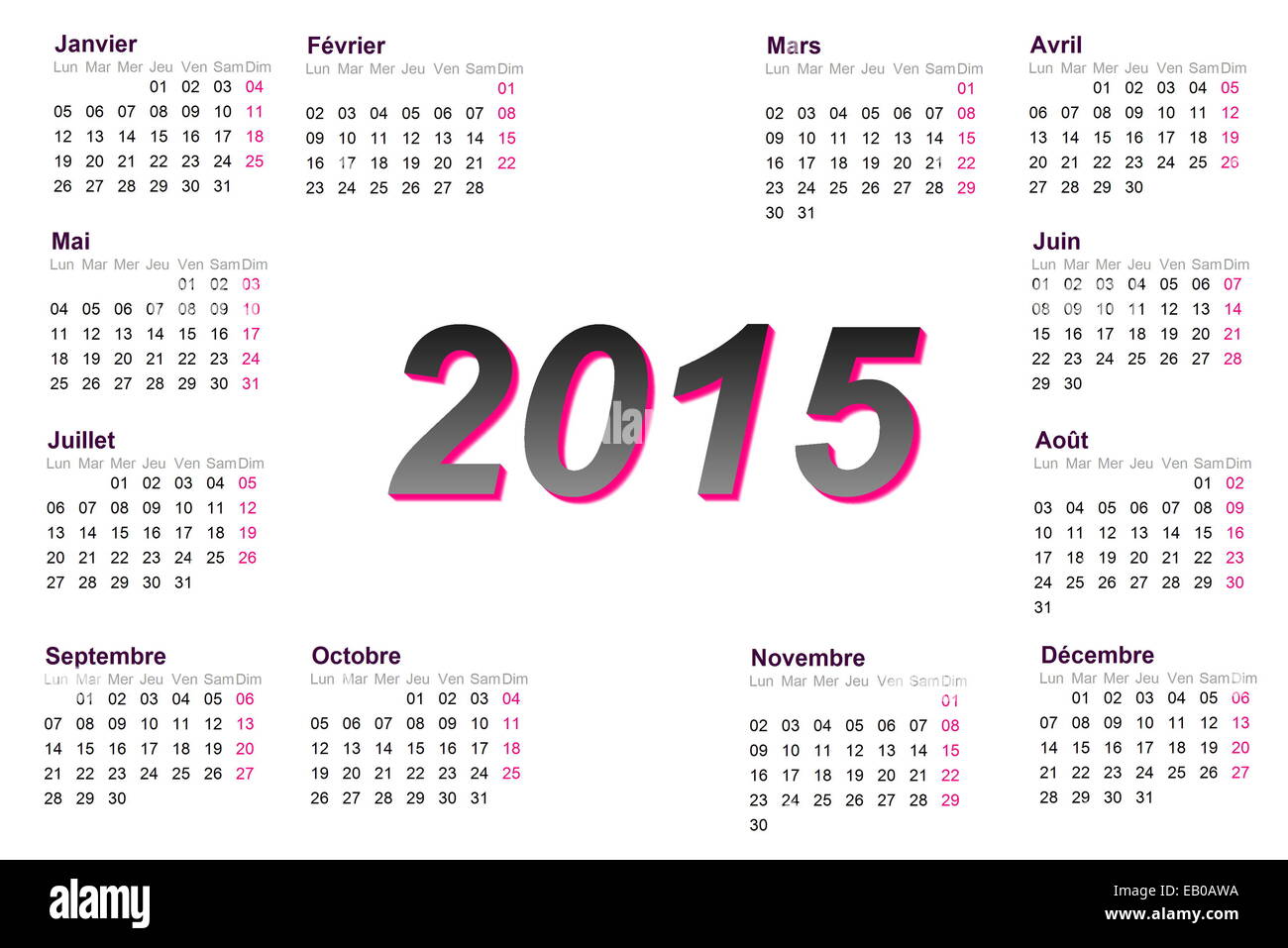 Europäischen Französisch 2015 Jahr Kalender mit Woche ab Montag Stockfoto