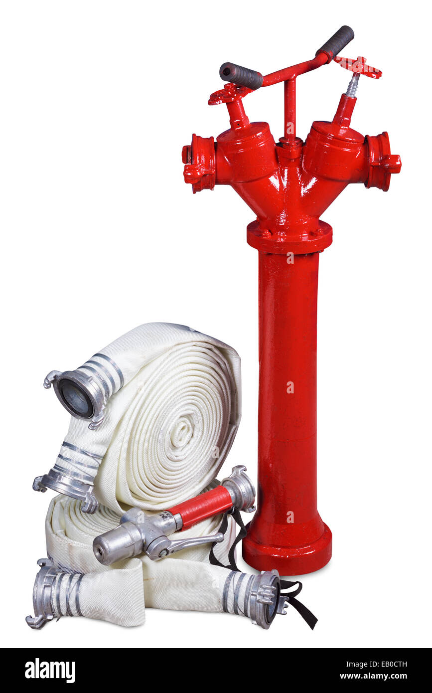 Ausrüstung - Hydranten Feuer, Feuer, Schläuche und Nebel-Düse auf weißem Hintergrund Stockfoto