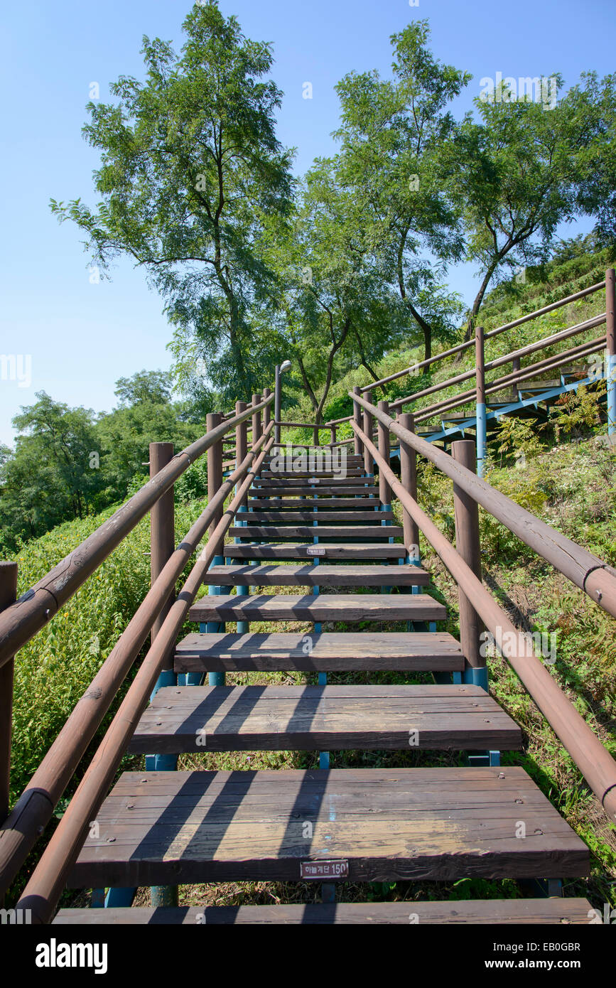 Holztreppen an einer Steigung in einem park Stockfoto