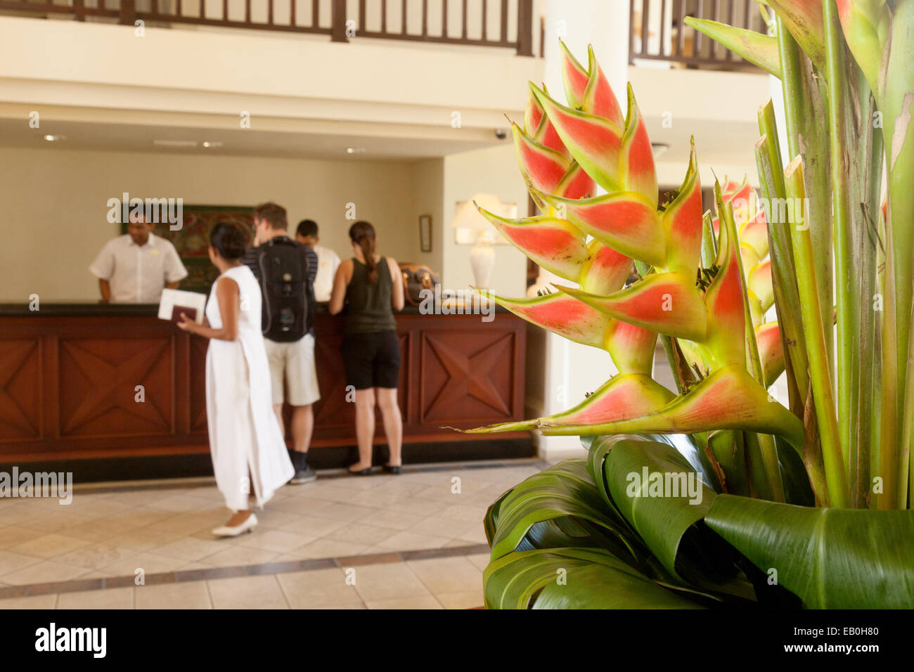 Hotel-Lobby und Rezeption des luxuriösen 5-Sterne-Residence Hotel, Belle Mare Mauritius Stockfoto