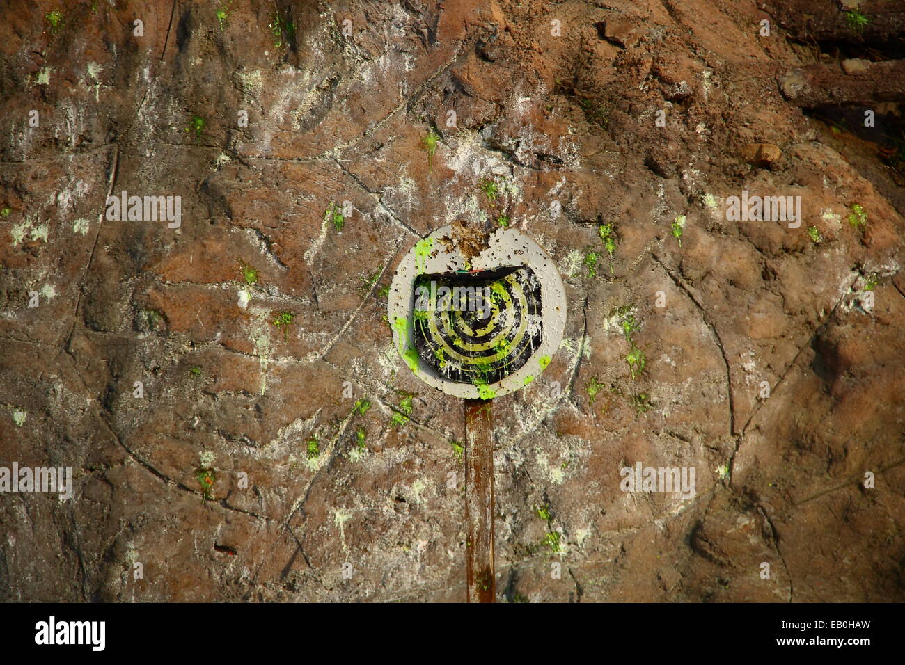 alte gebrauchte Ziel gedreht mit paintball Stockfoto