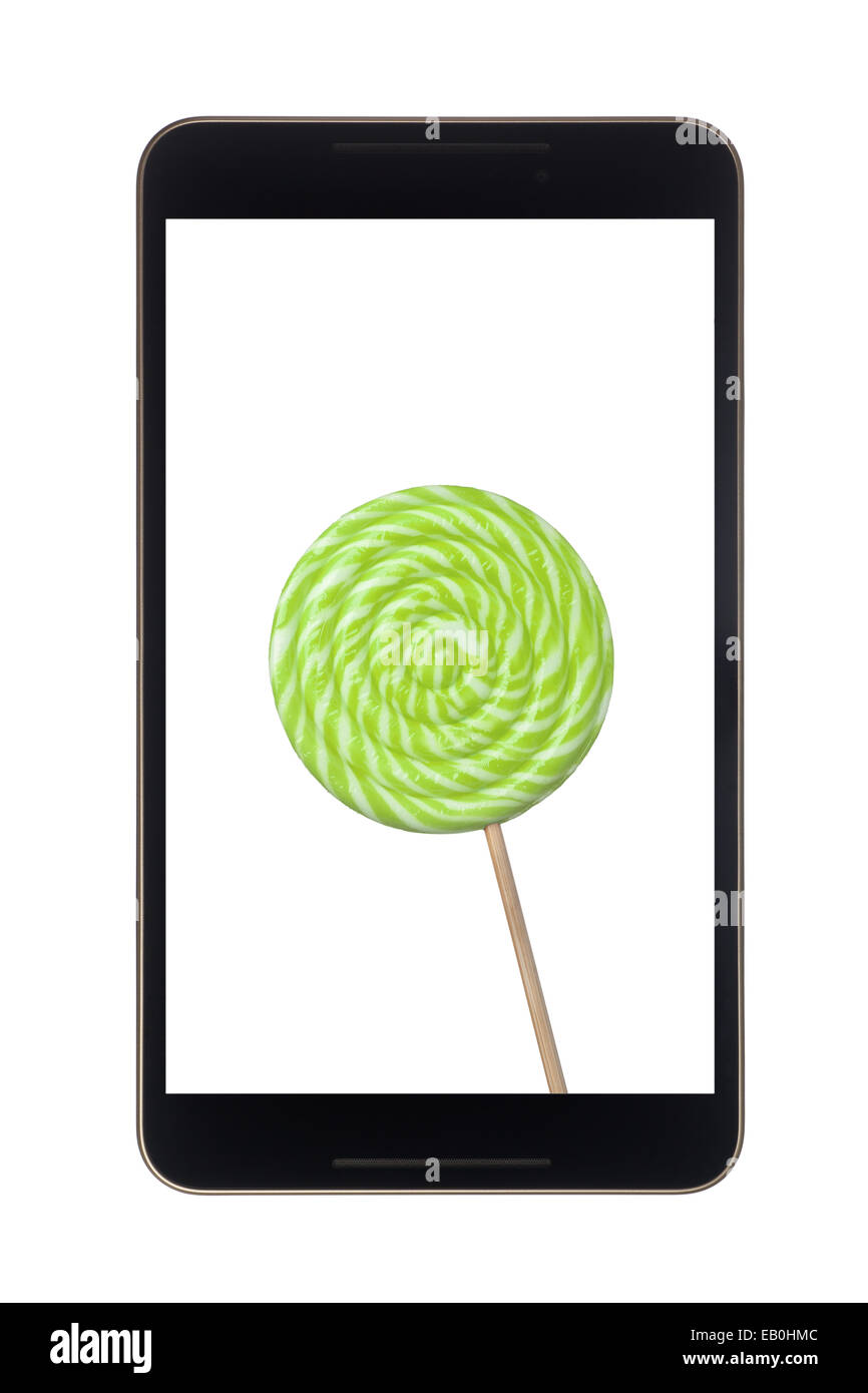 Android-Tablet mit Lollipop isoliert auf weißem Hintergrund Stockfoto