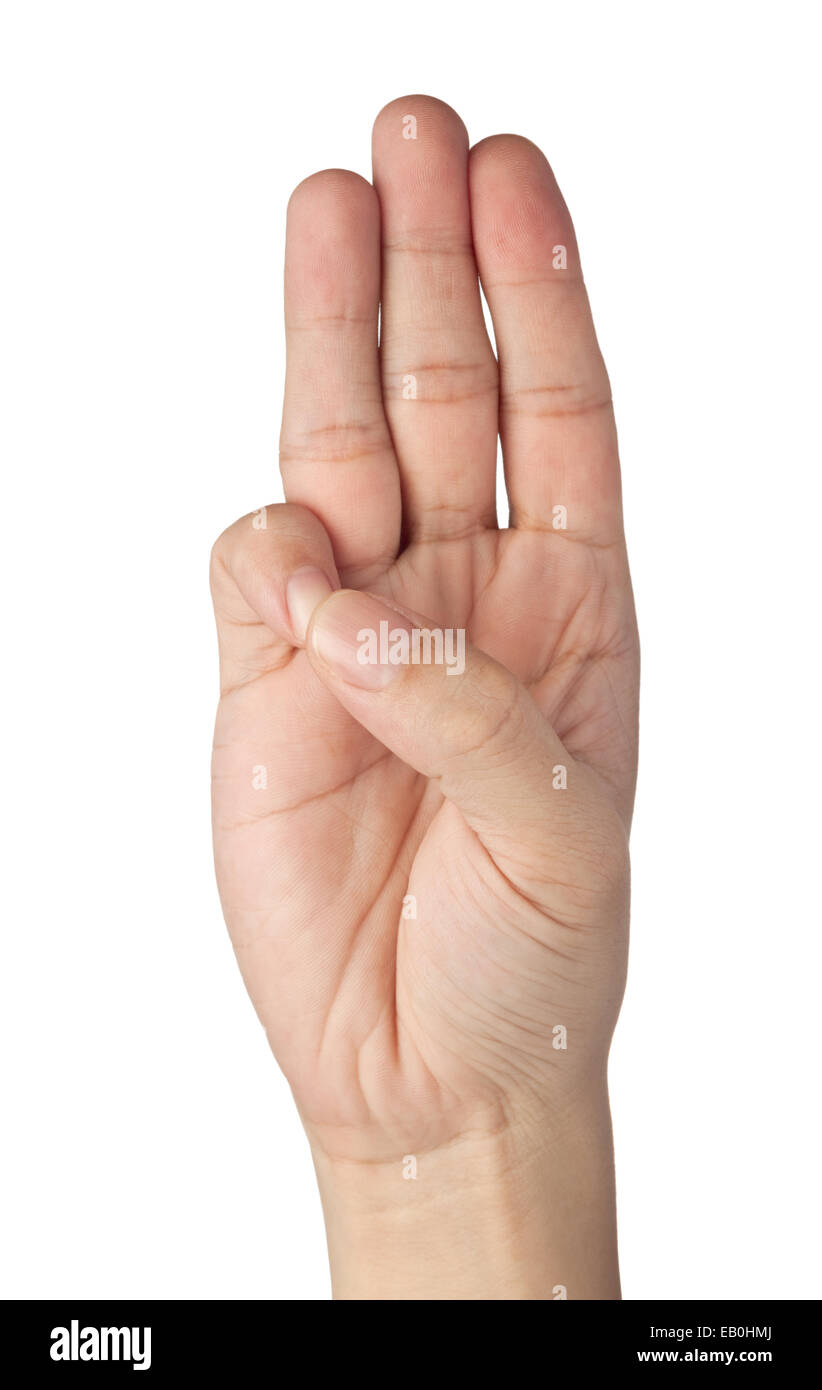 Hand gestikulieren eine drei Finger Salute isoliert auf weißem Hintergrund Stockfoto