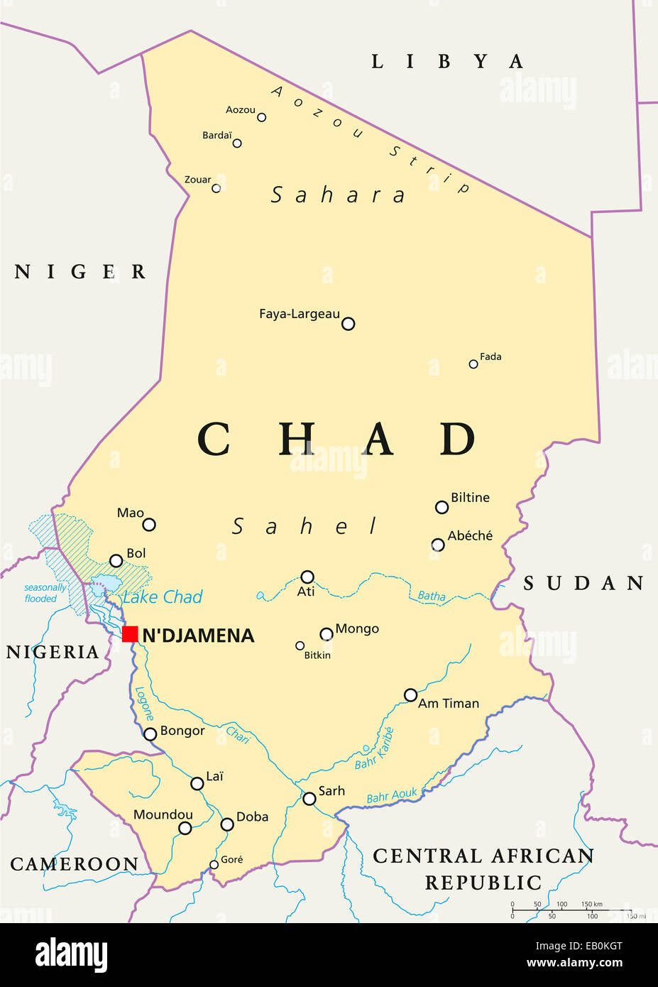 Chad politische Karte mit Hauptstadt N'Djamena, Landesgrenzen, wichtige Städte, Flüsse und Seen. Englische Beschriftung und Skalierung. Stockfoto