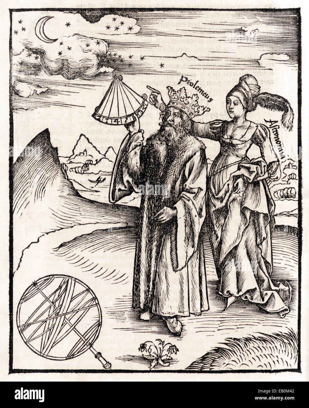 Holzschnitt-Porträt von Claudius Ptolemäus (90-168AD) & Astronomia die Muse. Siehe Beschreibung für mehr Informationen. Stockfoto
