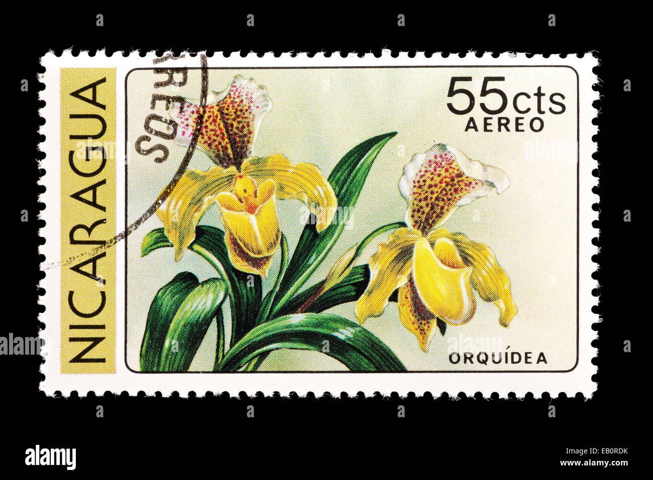 Briefmarke aus Nicaragua Darstellung eine Lady Slipper Orchidee. Stockfoto