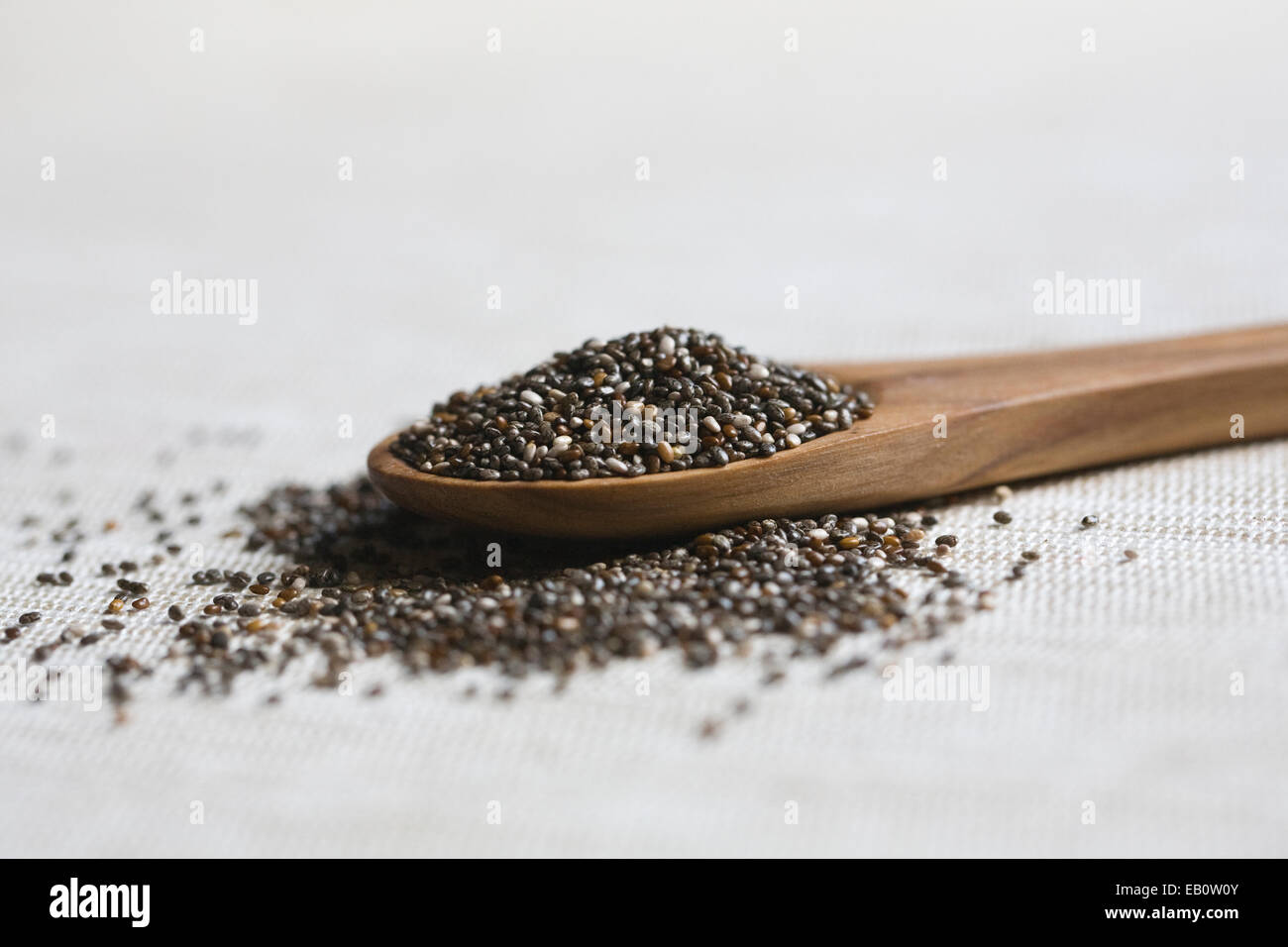 Salvia Hispanica Samen. Chia-Samen auf einem Holzlöffel. Stockfoto