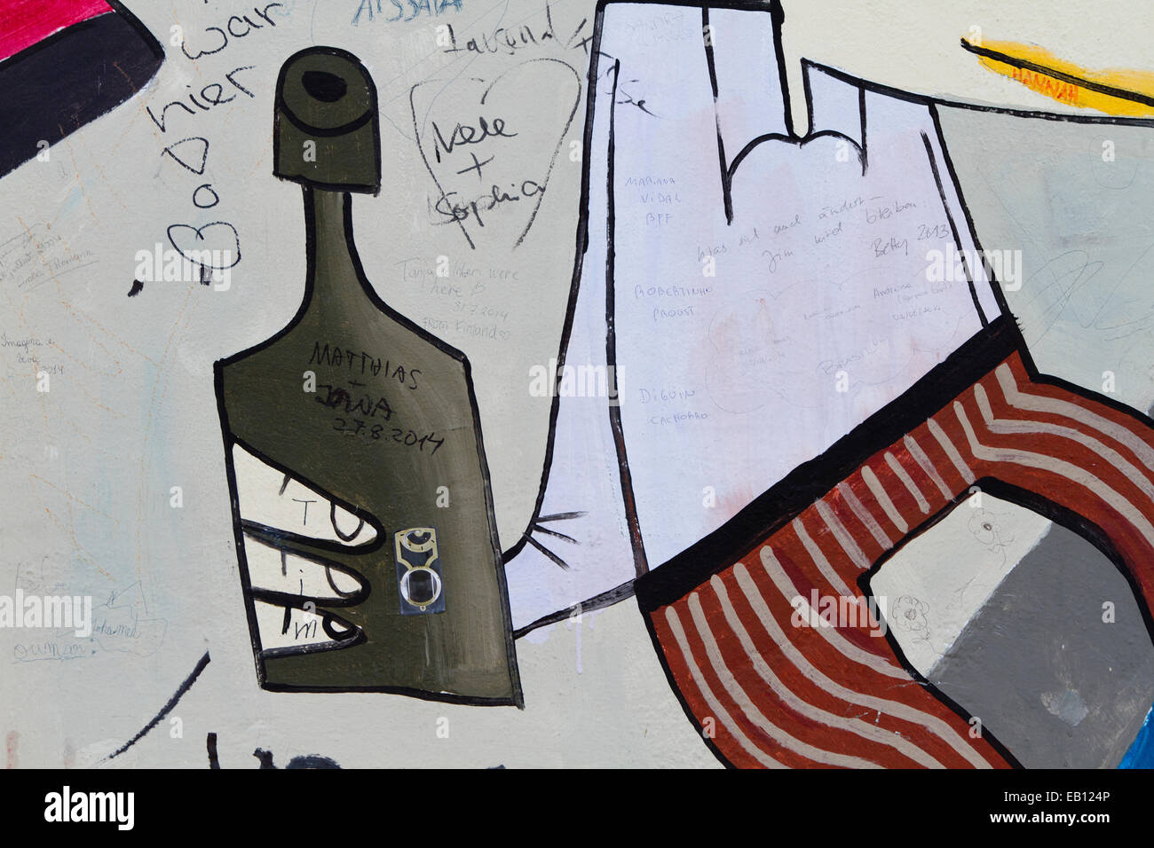 Graffiti-Cartoon Stichwörter Flasche Straßenkunst Berliner Mauer Stockfoto