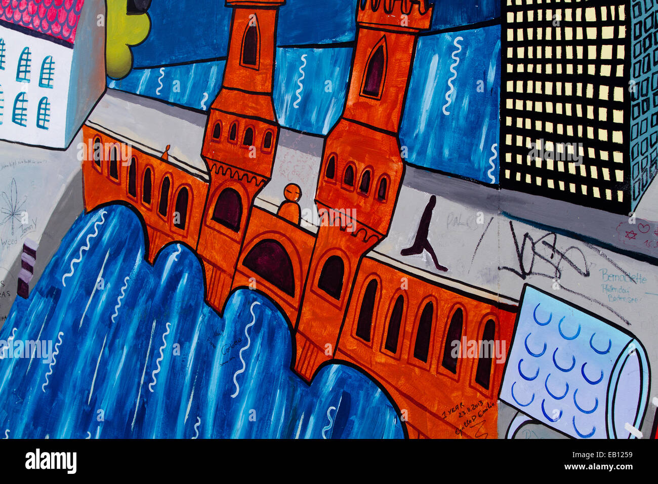 Cartoon-Brücke Fluss Tags Graffitikunst Berliner Mauer Stockfoto