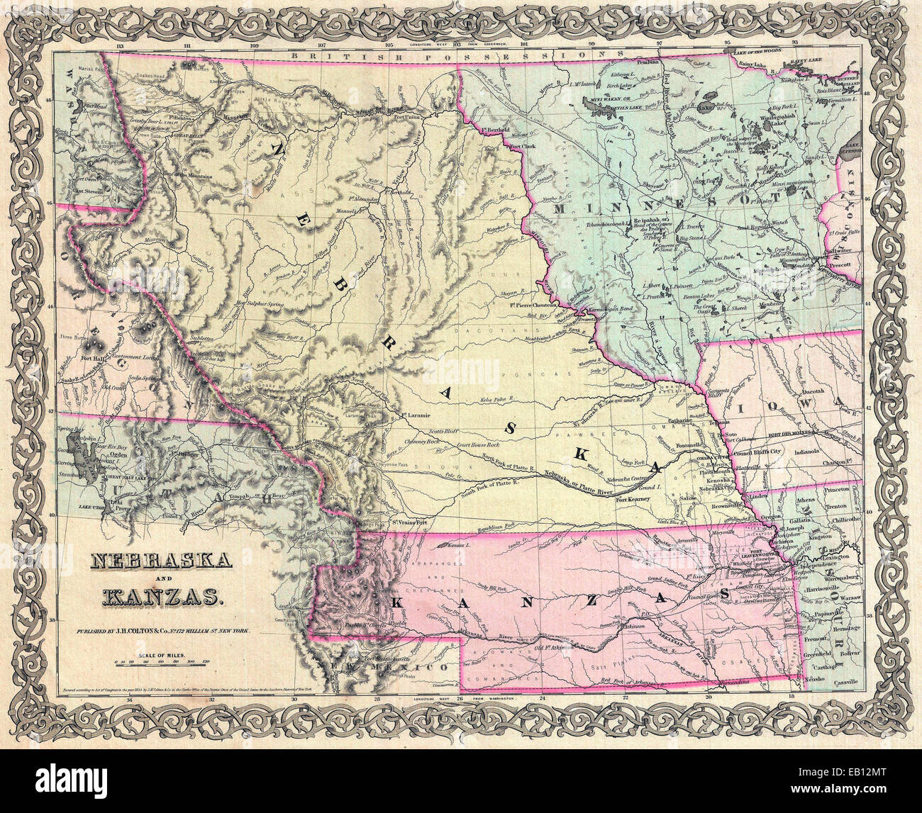 Der Kansas-Nebraska Act organisiert (in rosa) Kansas und Nebraska-Territorium (gelb).  1855-Erstausgabe von Colton Karte von Nebraska und Kansas Gebiete Stockfoto