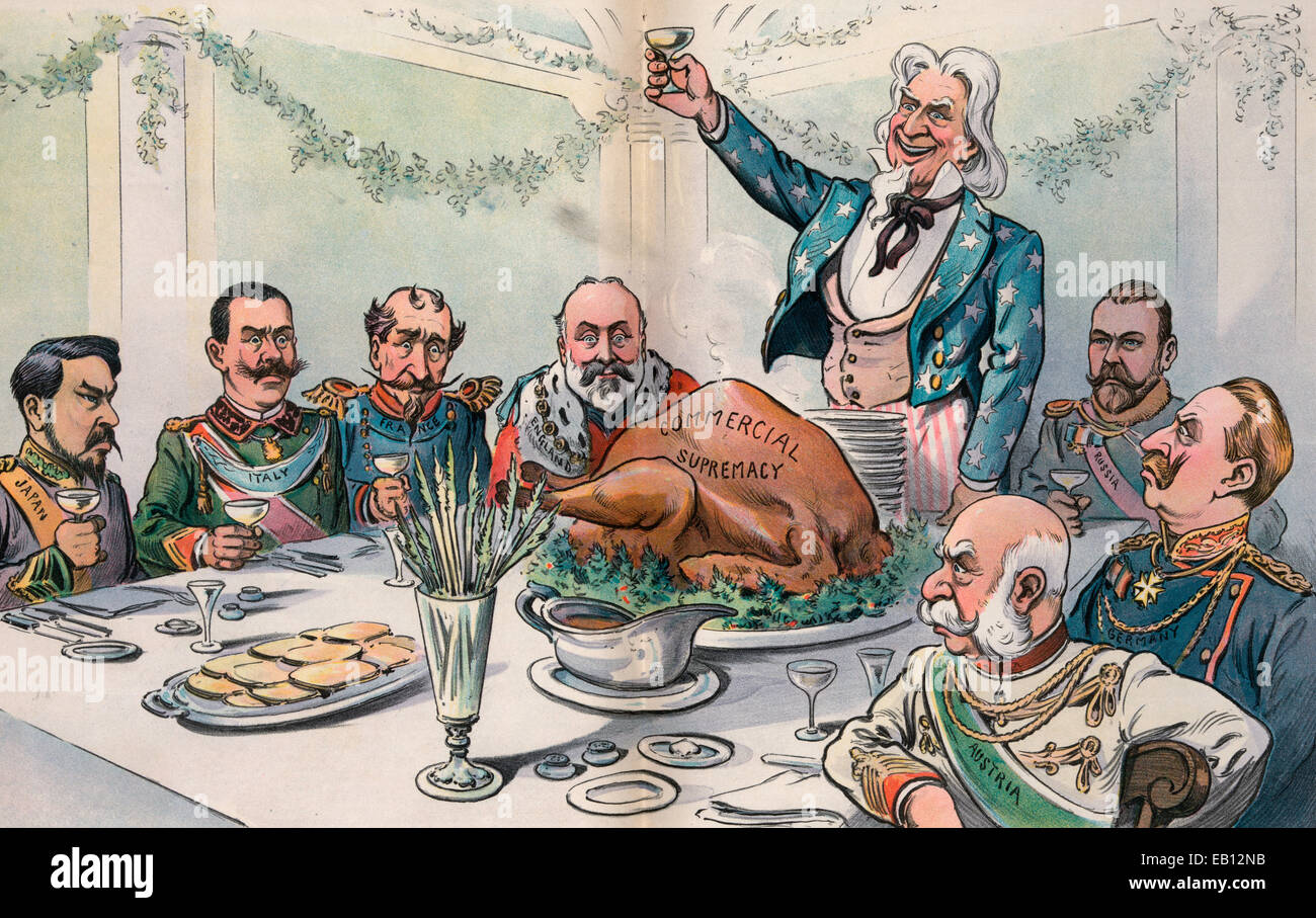 Unser internationales Thanksgiving-Dinner - Uncle Sam - meine Freunde, ich habe die größte und fetteste Türkei des Jahres, wodurch Sie mein Gast erhöht.  Lasst uns trinken Sie für den Wettbewerb. Politische Karikatur 1901 Stockfoto