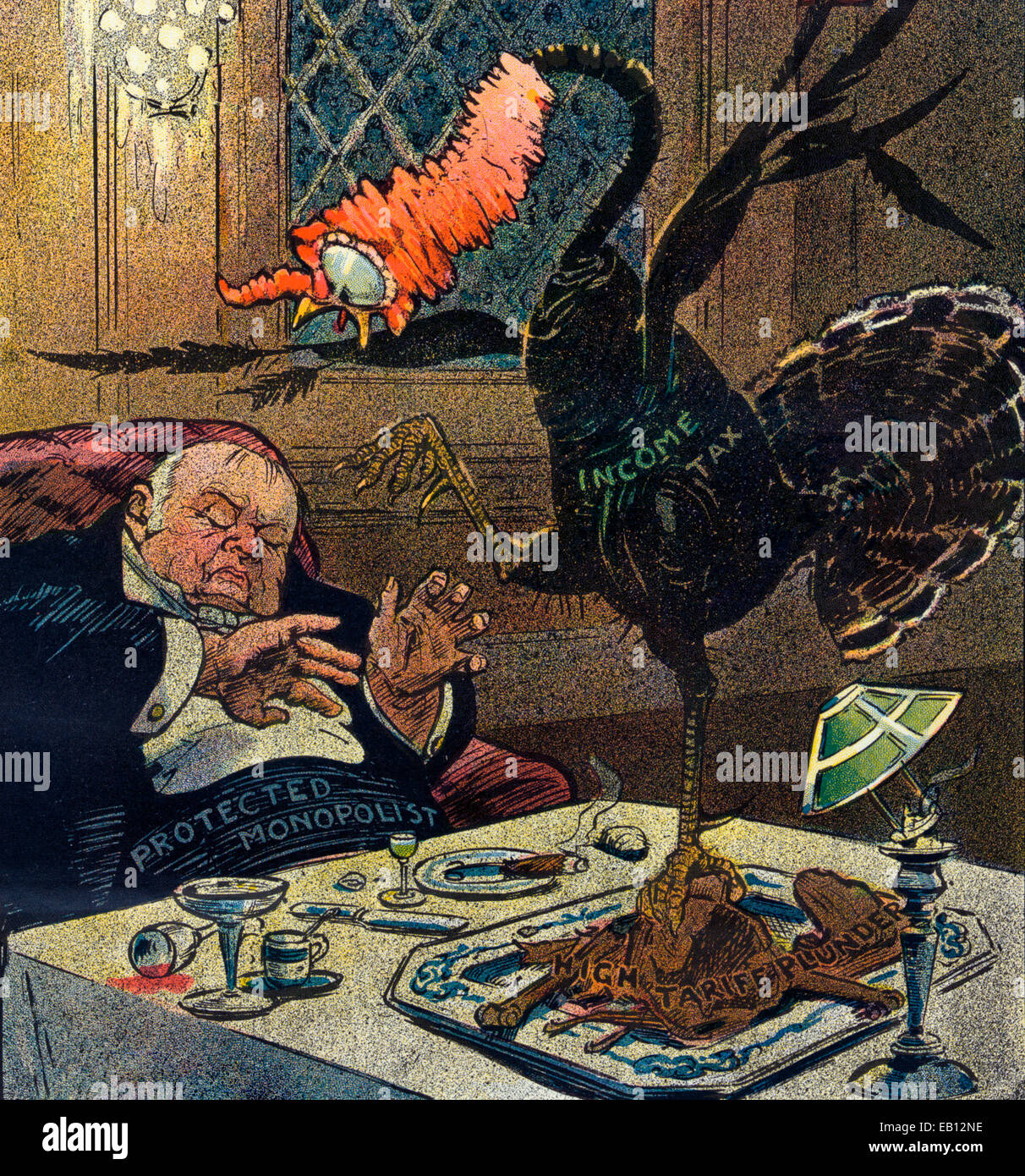 Schlechte Träume - eine natürliche Folge der Völlerei.  Abbildung zeigt einen Schlafsack, aufgeblähten Mann beschriftet "Geschützten Monopolisten" Scheu vor einer Türkei, die mit der Bezeichnung "Einkommensteuer", die aus den Überresten des Thanksgiving Day Dinner mit der Bezeichnung "Hohen Tarif plündern" gestiegen zu sein scheint. Politische Karikatur, 1909 Stockfoto