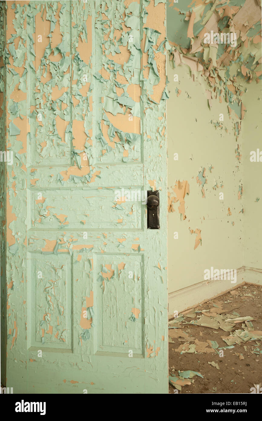 Eine Schranktür mit abblätternde Farbe in einem verlassenen Krankenhaus. Ontario, Kanada. Stockfoto