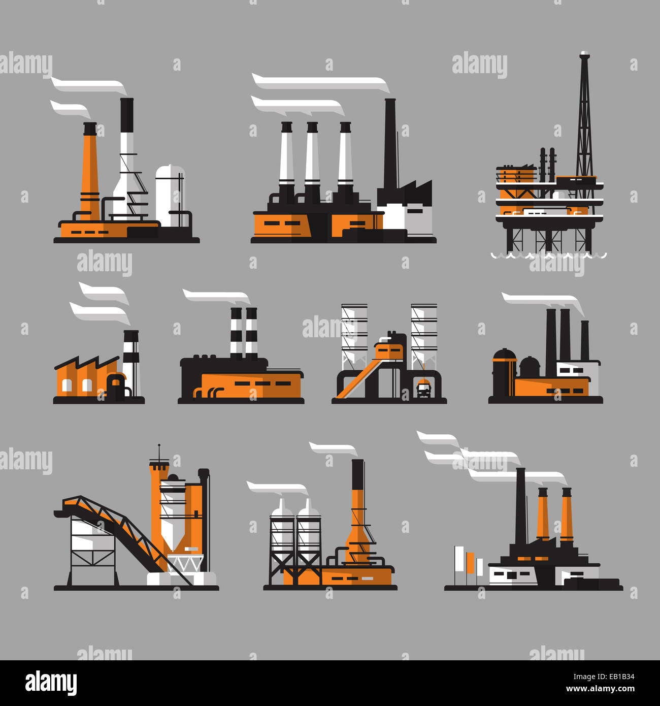 Fabrik-Symbole. Industrie-Fabrik Symbole auf grauem Hintergrund Stockfoto