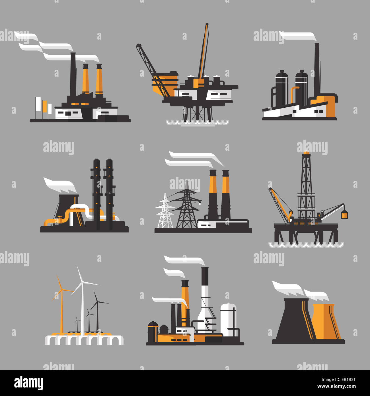 Vektor-schwarze Fabrik Symbole auf grauen .industrial Fabrik Icons set Stockfoto