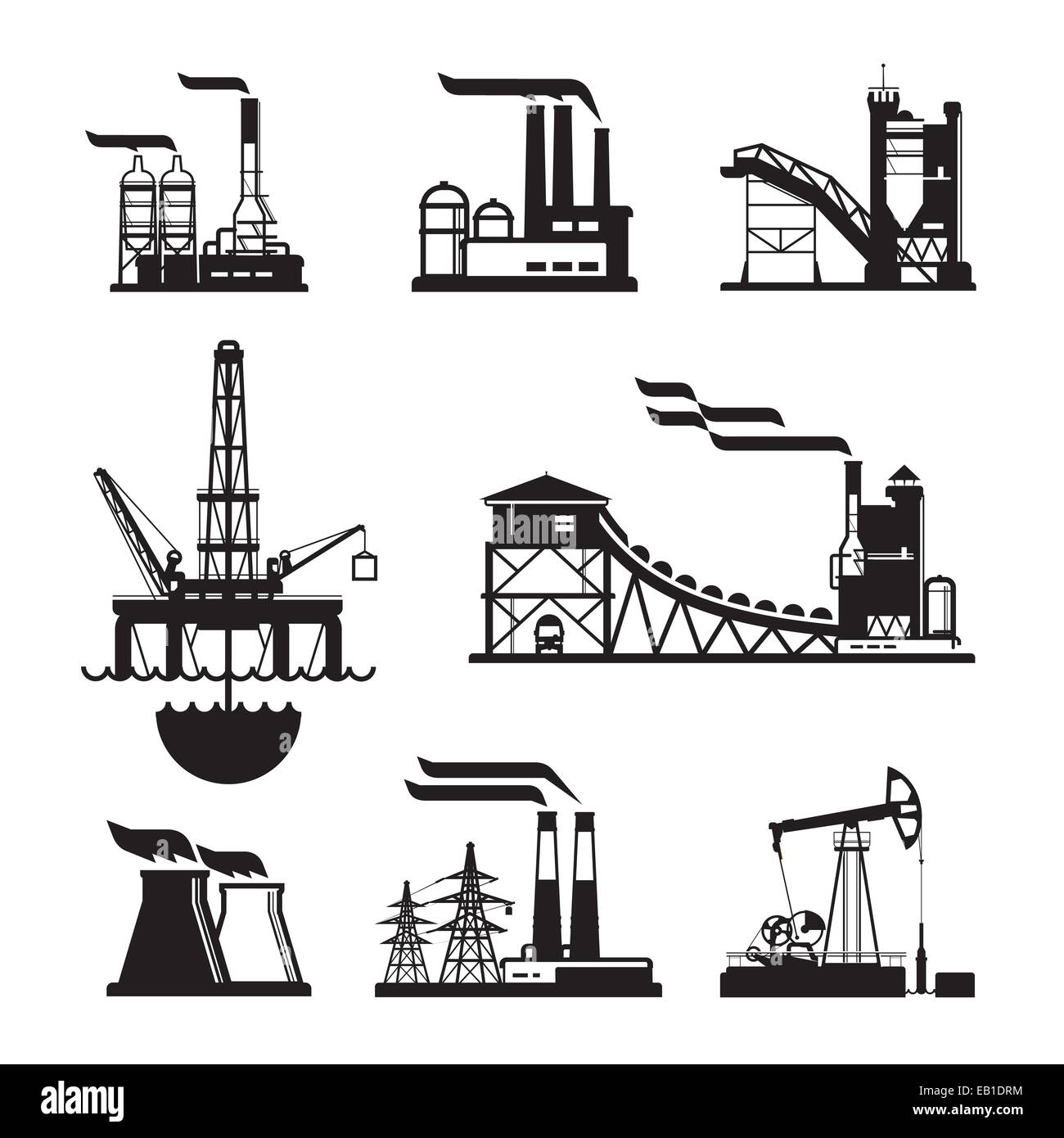 Vektor-schwarze Fabrik Symbole auf grau gesetzt. Fabrik, Kraftwerke und Industriebauten Stockfoto